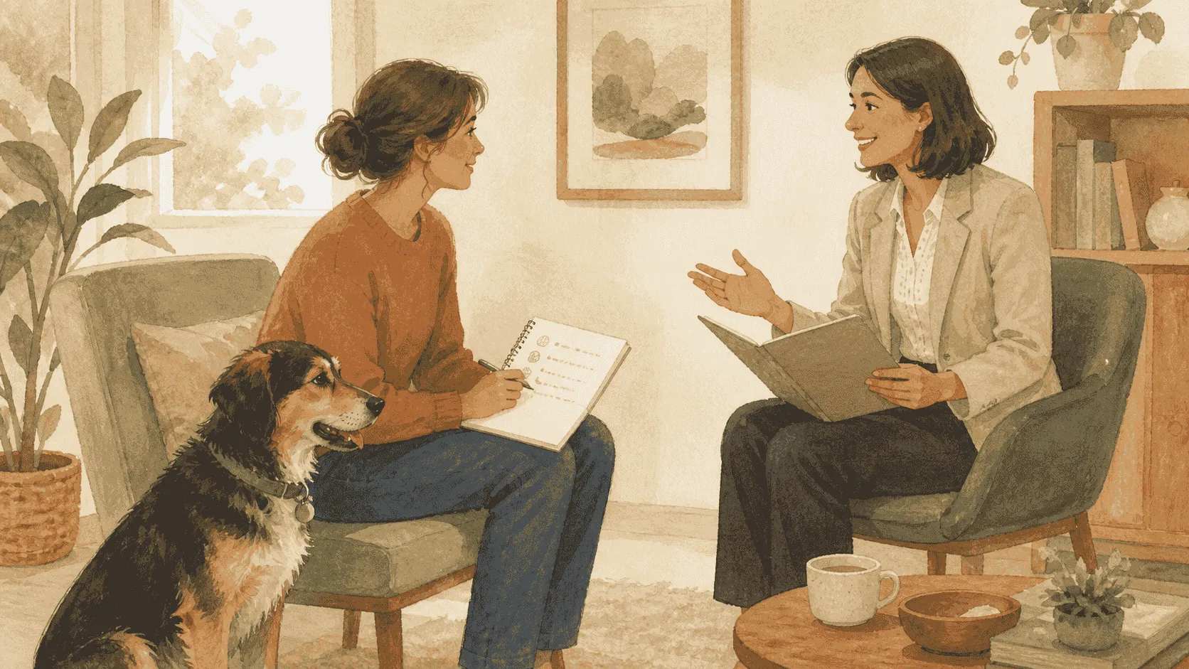 A caregiver sits with an adult dog while speaking with a veterinarian and holding an observation notebook.