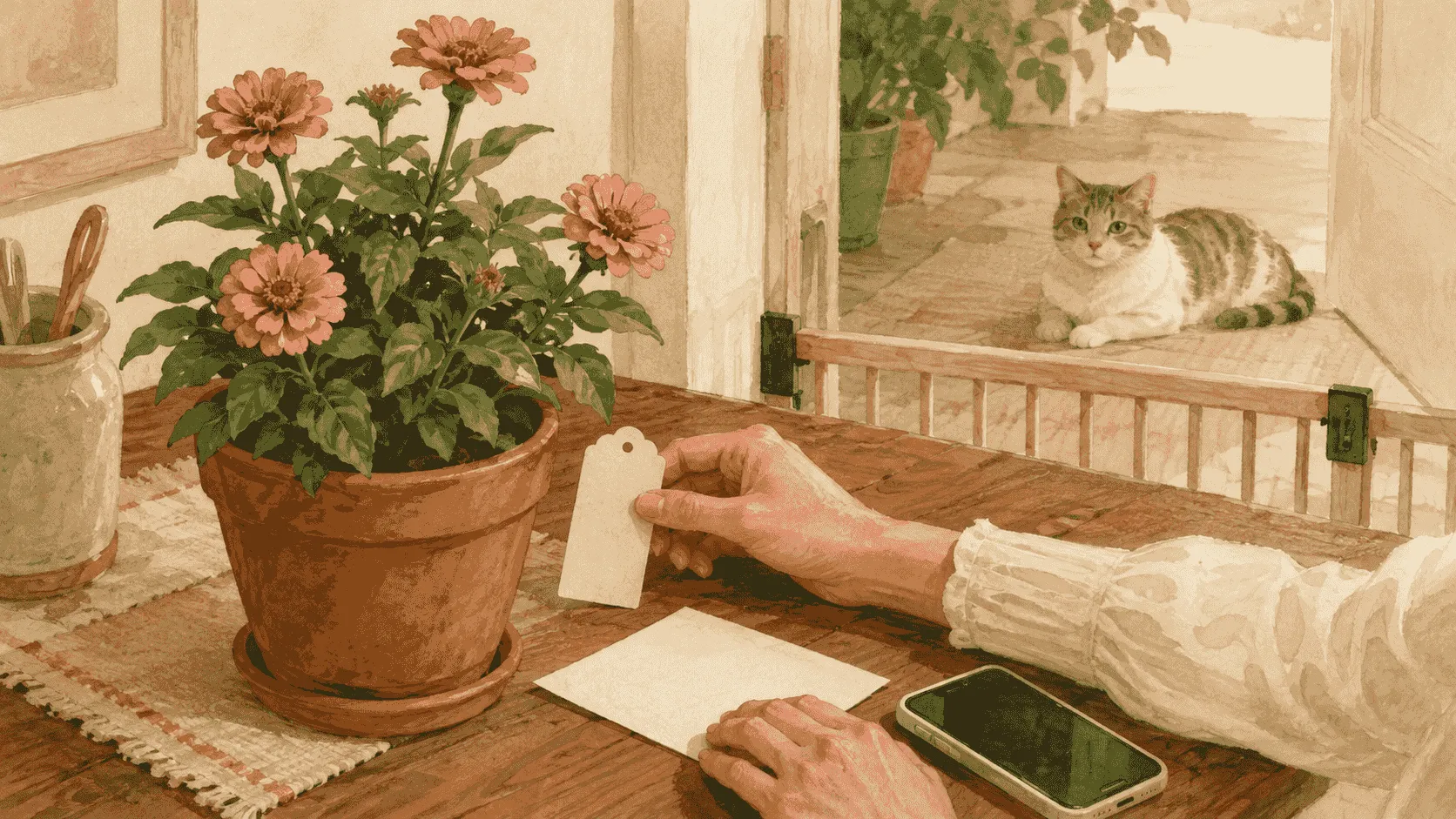 A caregiver photographs a zinnia plant tag beside a simple exposure note while a cat stays behind an open doorway.