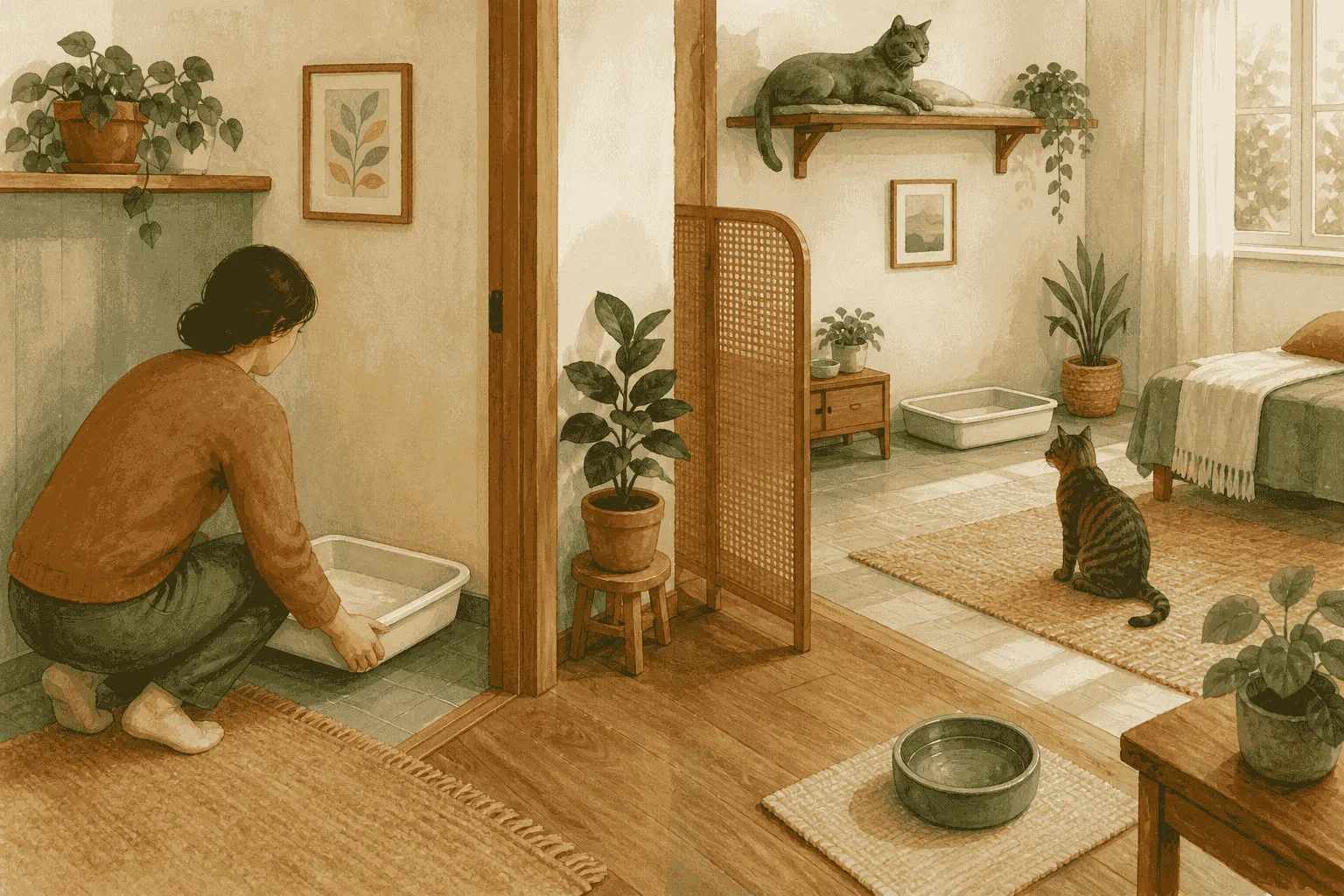A caregiver places two clean open litter boxes in separate quiet areas while a gray cat watches from a raised resting shelf.