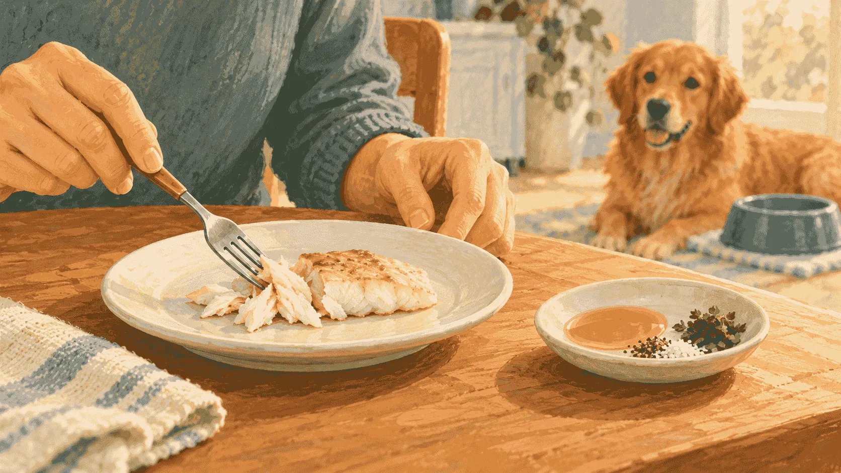 A caregiver keeps a small plain fish extra separate from a dog's regular food bowl while checking the preparation.