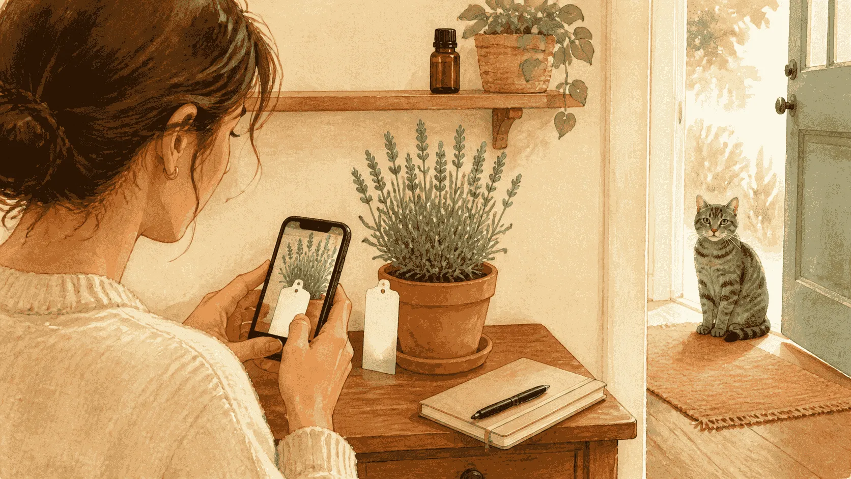 A caregiver photographs a lavender nursery label beside a notebook and phone while a cat waits calmly beyond an open doorway.