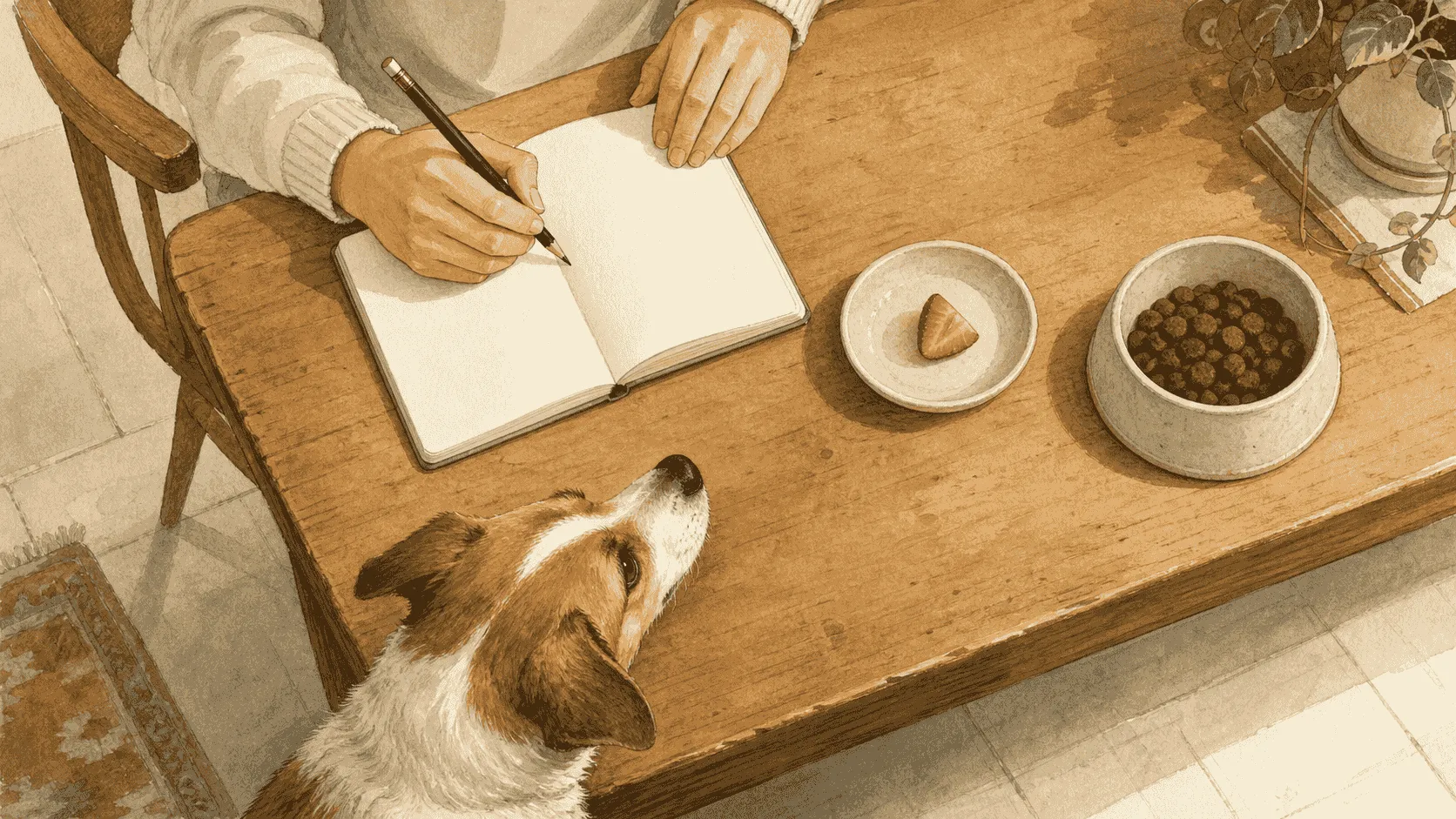A caregiver records a plain strawberry piece on a treat note while a dog waits calmly beside its regular food bowl.
