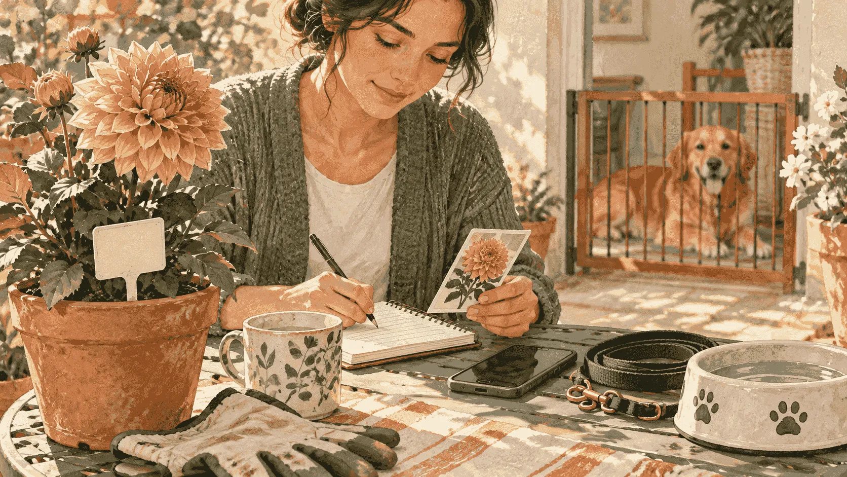 A caregiver writes down a possible dahlia exposure beside the plant label while a dog waits calmly behind an indoor gate.