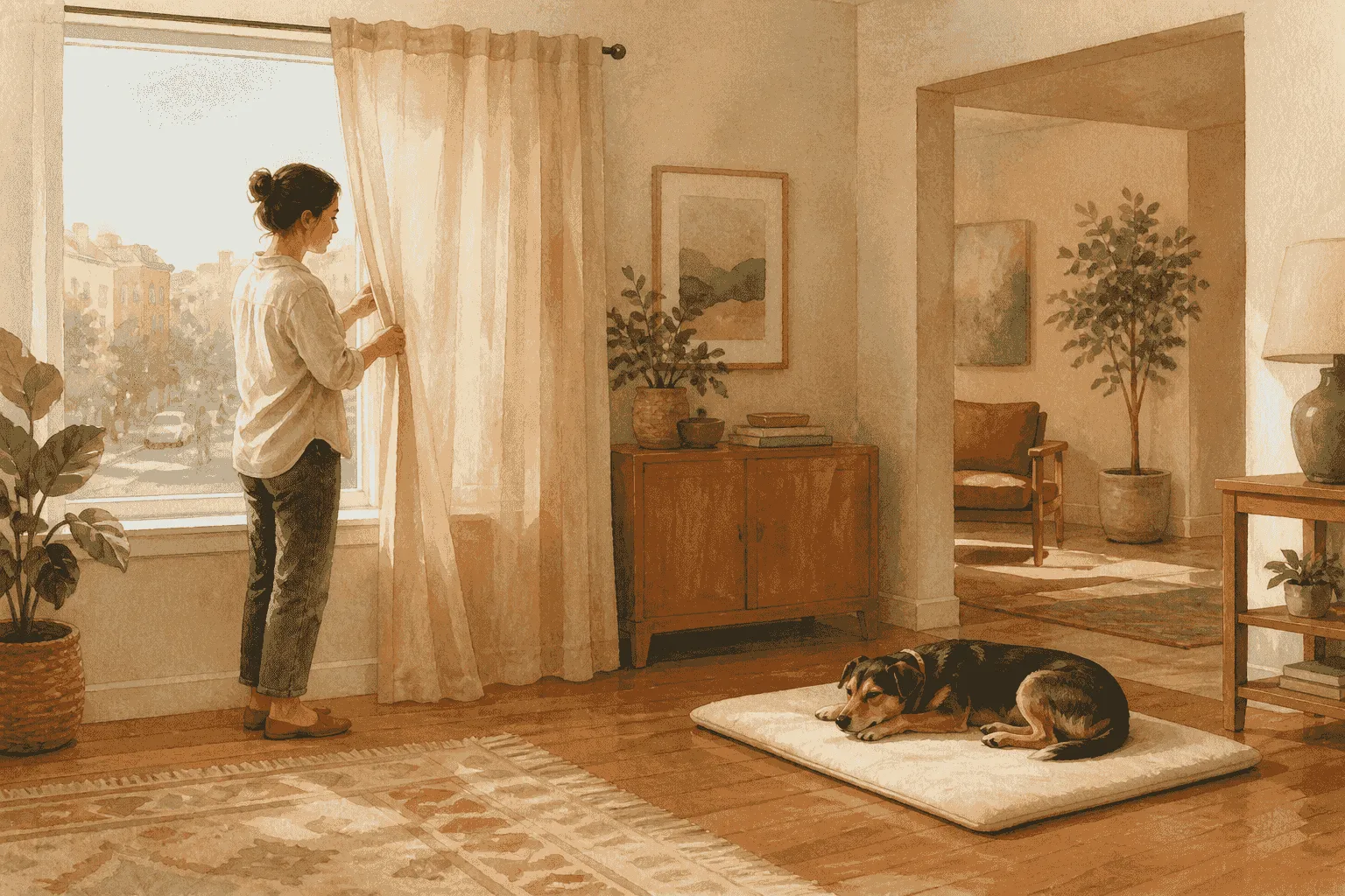 A caregiver writes a short observation note while a mixed-breed dog rests on a mat beside an unopened unbranded treat pouch.