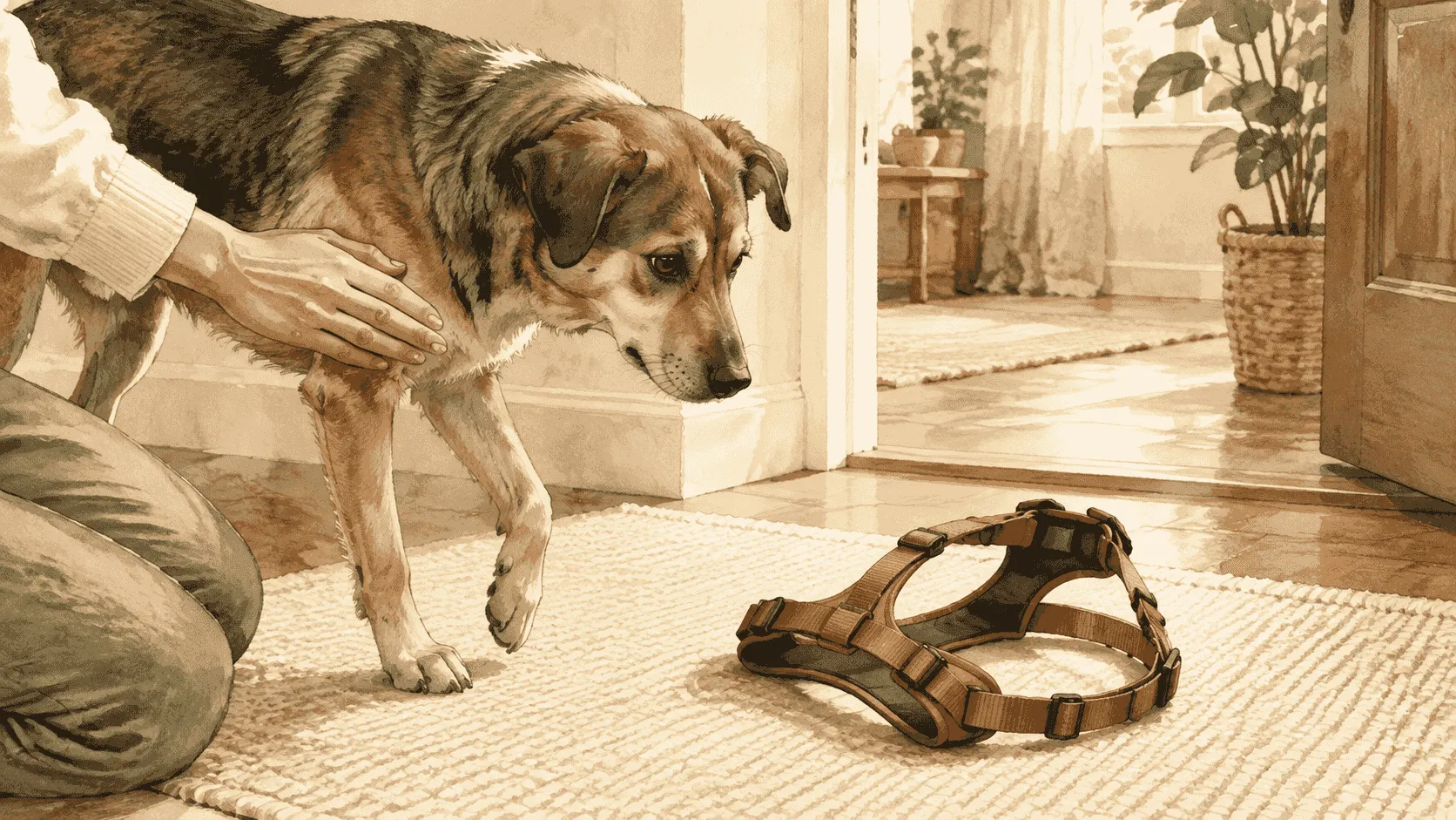 A caregiver gently touches a relaxed mixed-breed dog's shoulder while an open harness rests on the mat beside a clear doorway.