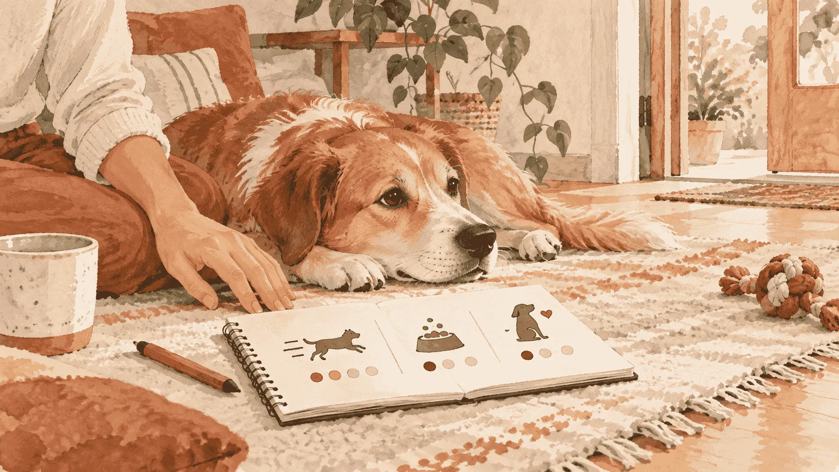 A caregiver writes down a dog's changed movement and appetite while the relaxed dog rests nearby.
