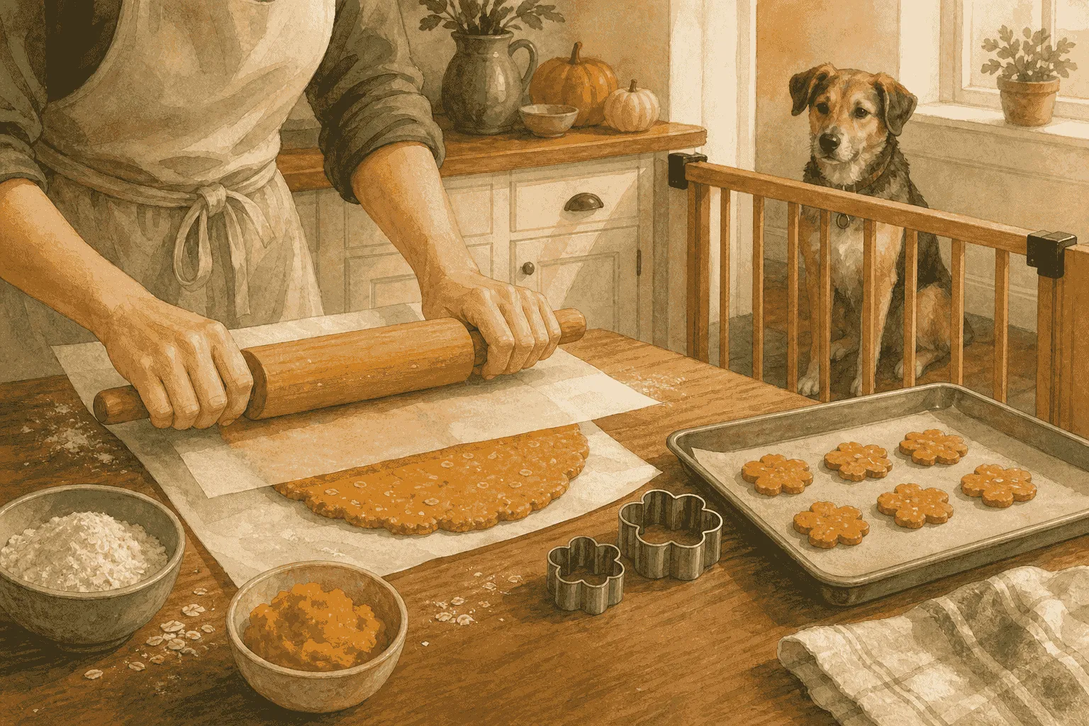 A caregiver rolls pumpkin dog-biscuit dough on a warm kitchen counter while a relaxed dog waits behind a small safety gate.