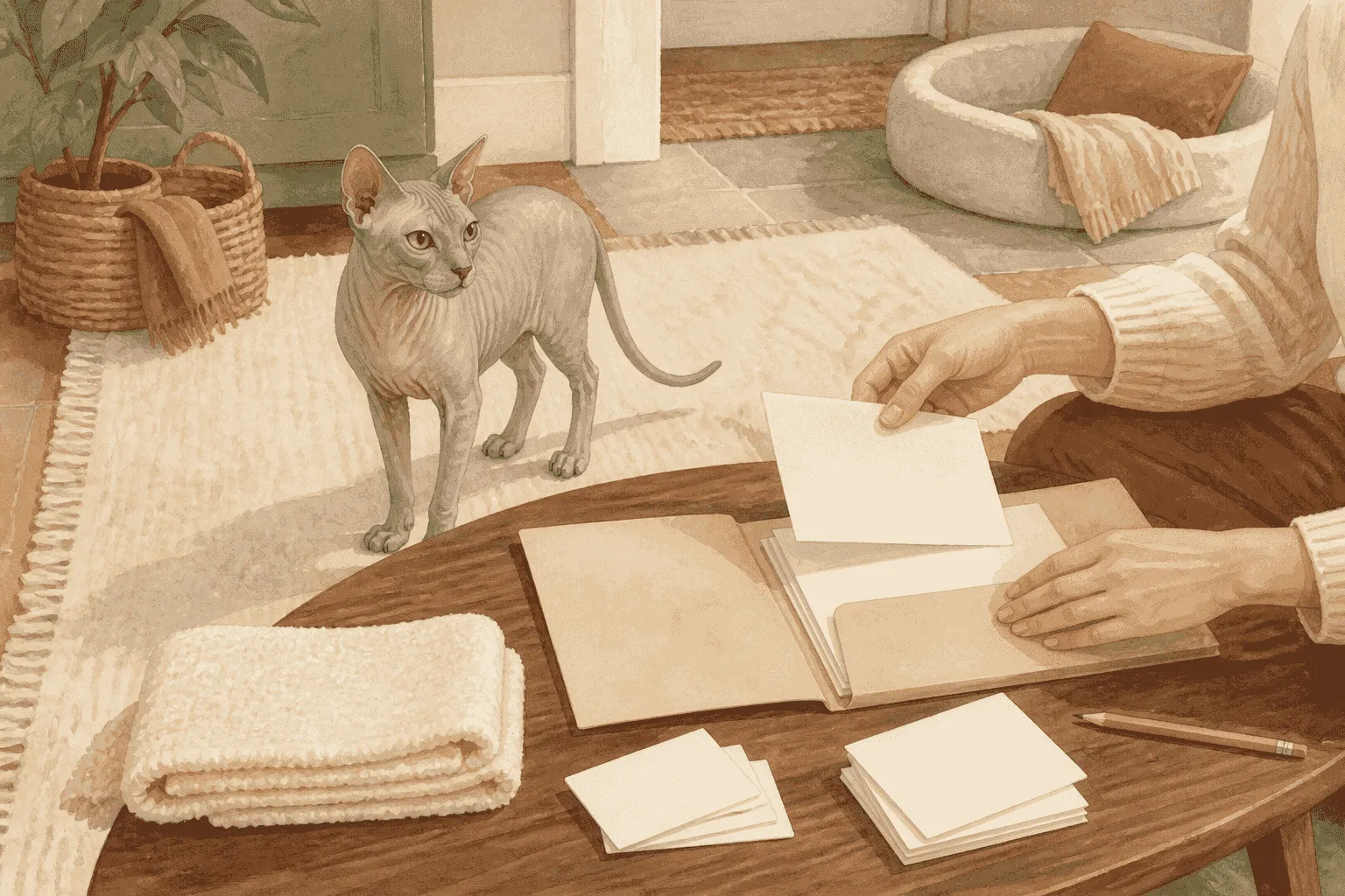 A hairless cat rests on a warm cream blanket beside a sunny window while a caregiver writes a simple care note at a nearby table.