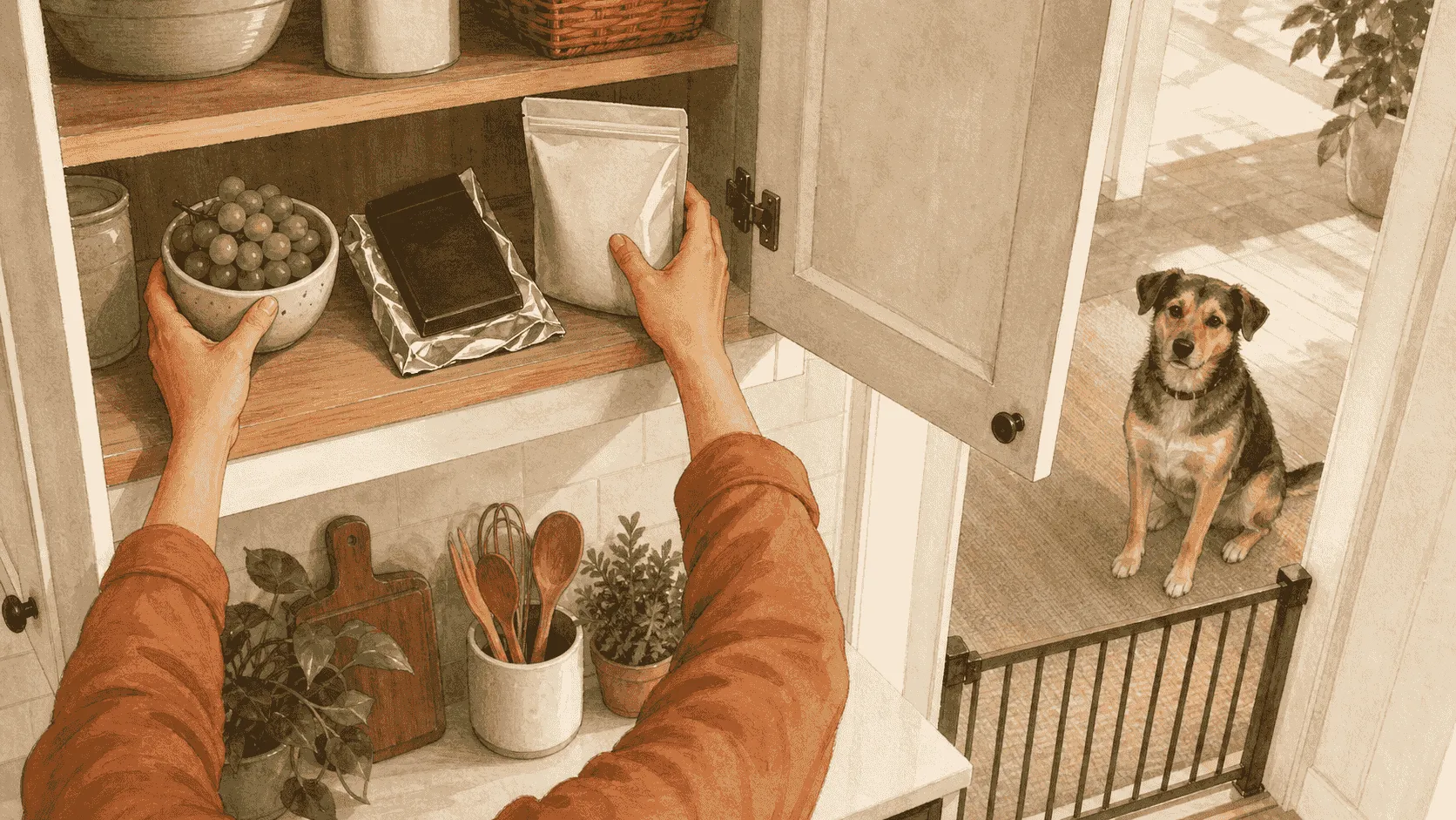 A caregiver places grapes, chocolate, and a generically labeled sugar-free product into a high cabinet while a dog remains outside the food-preparation area.