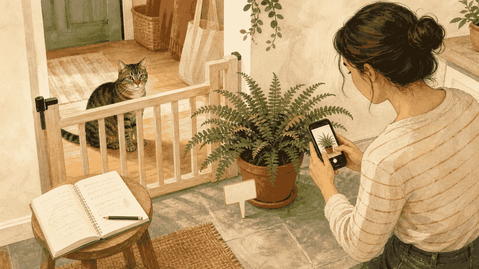 A caregiver photographs a plant label beside a Boston fern while a tabby cat waits behind a low indoor gate.