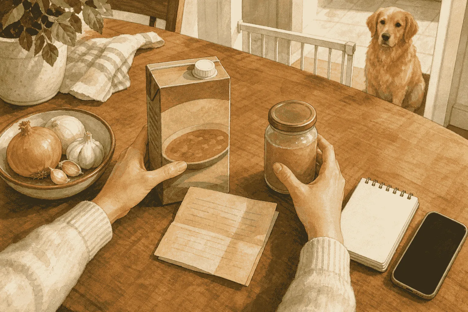 A caregiver keeps a soup carton and recipe note beside a phone while a dog waits calmly behind a kitchen gate.