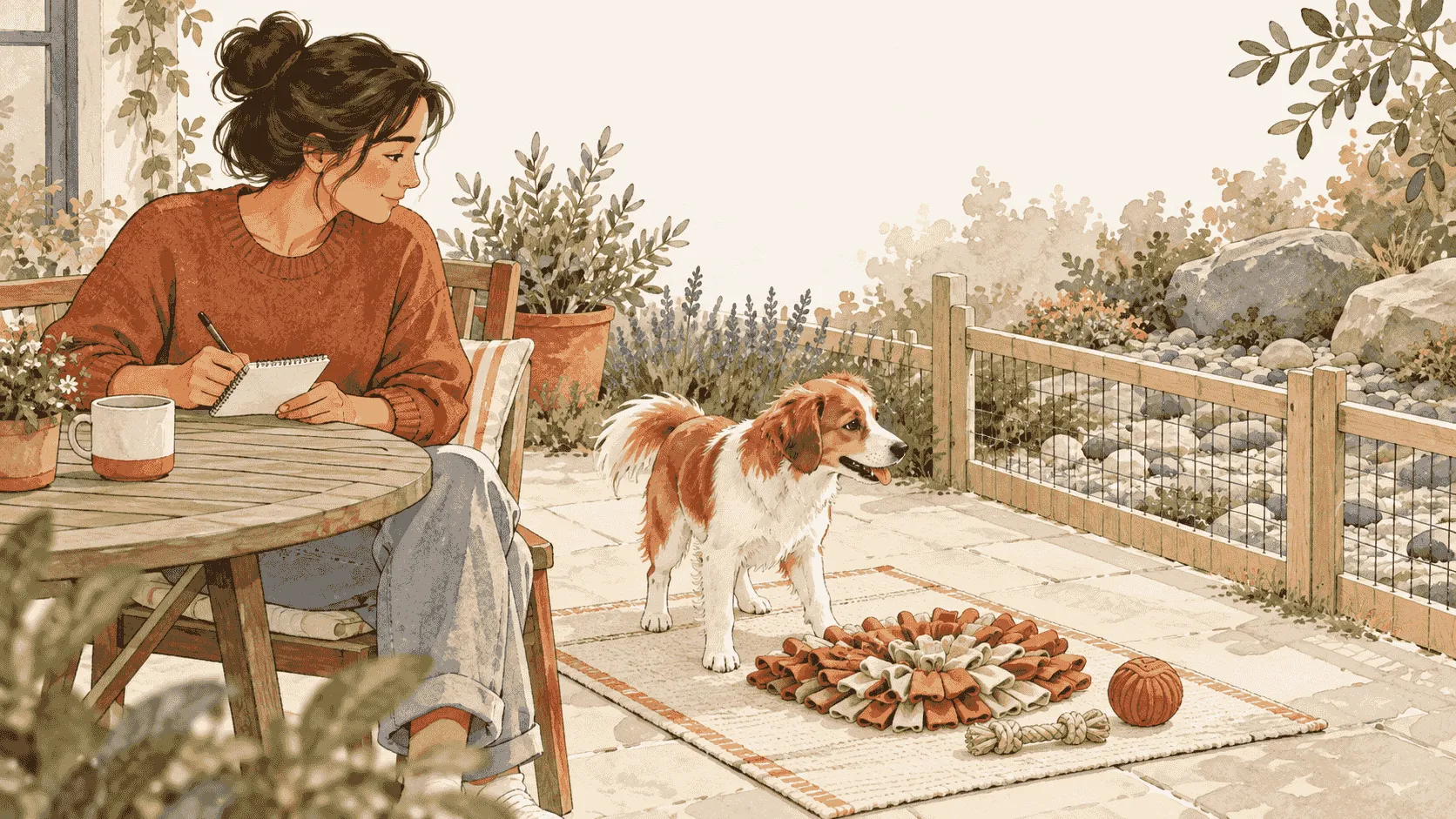 A caregiver makes a short note while a dog turns toward a clear garden path and a safe activity mat.