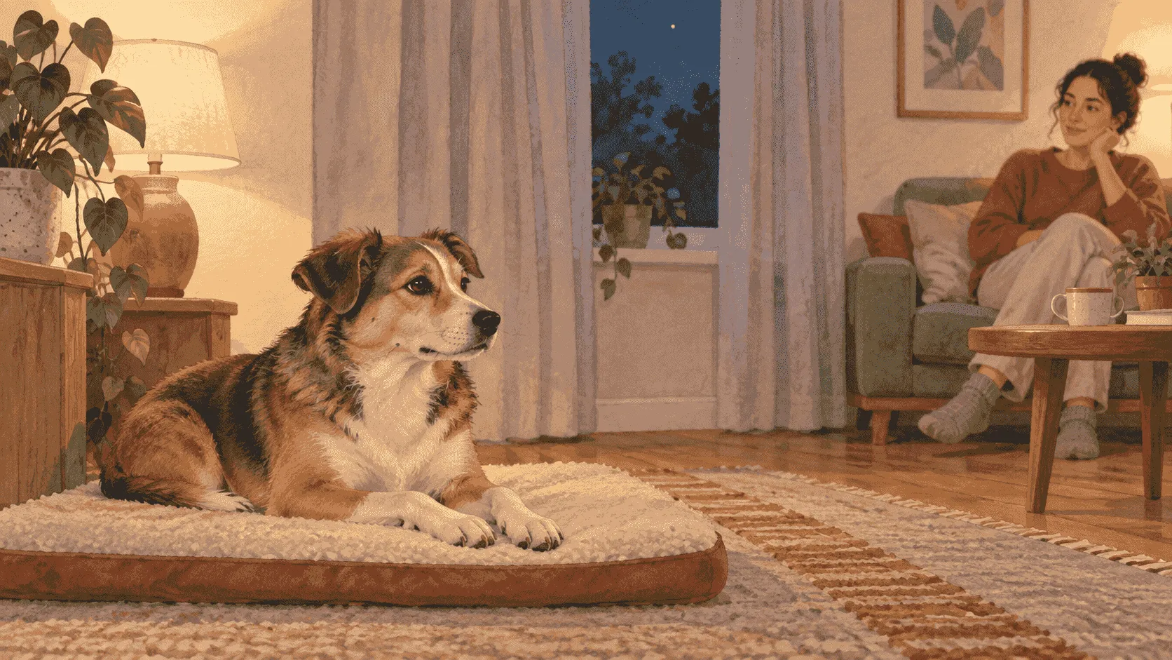 A relaxed mixed-breed dog rests on a mat away from a curtained window while a caregiver watches from a quiet chair at night.