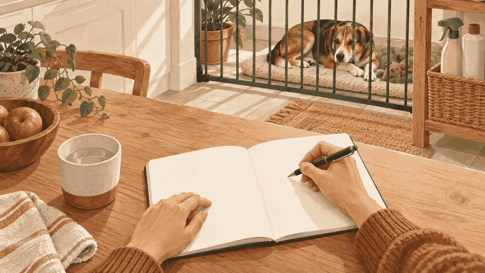 A caregiver writes the timing and possible exposure details in a blank notebook while a calm dog rests on a mat behind a low gate.