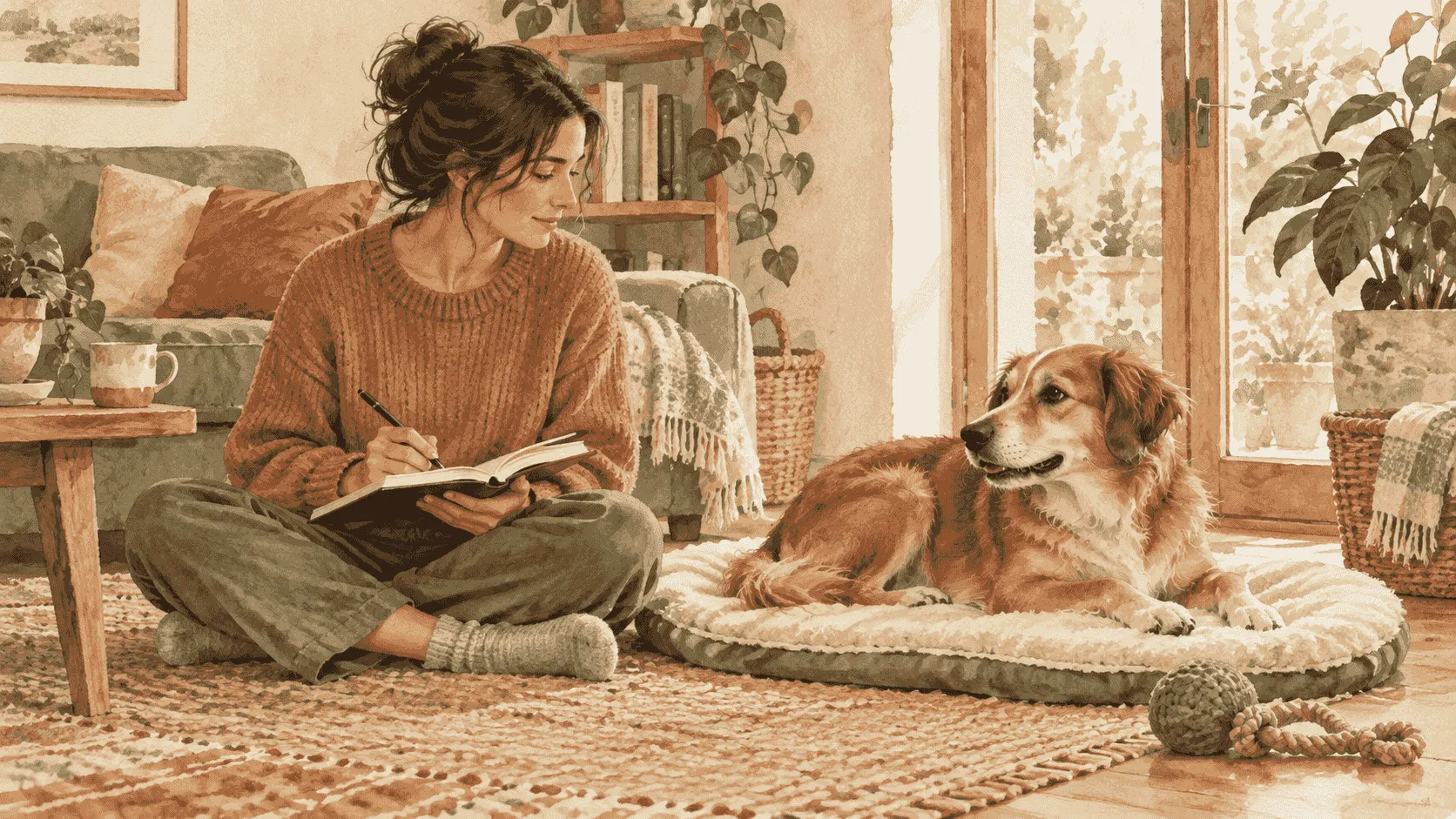 A caregiver writes a simple before-and-after note while a relaxed female dog rests on a cream mat with an open route beside her.