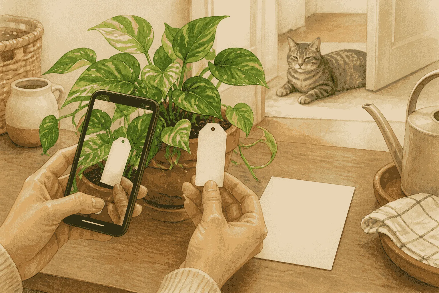 A caregiver photographs a pothos plant label beside a potted vine while a tabby cat rests safely behind a low room divider.