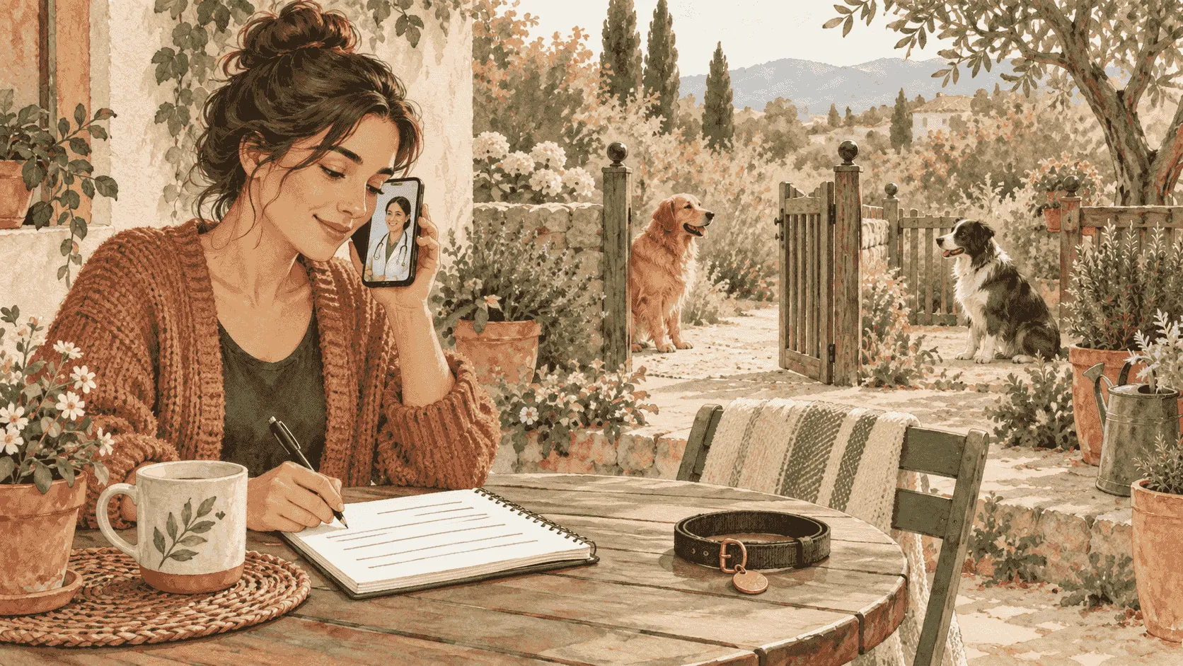 A caregiver calls a veterinarian and writes notes while two dogs wait calmly apart behind a garden gate.