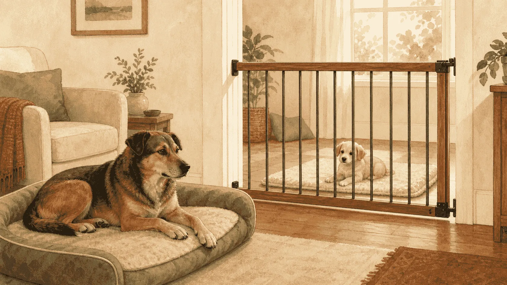 Adult brown dog resting on a bed while a cream puppy rests behind a secure gate in a separate area.