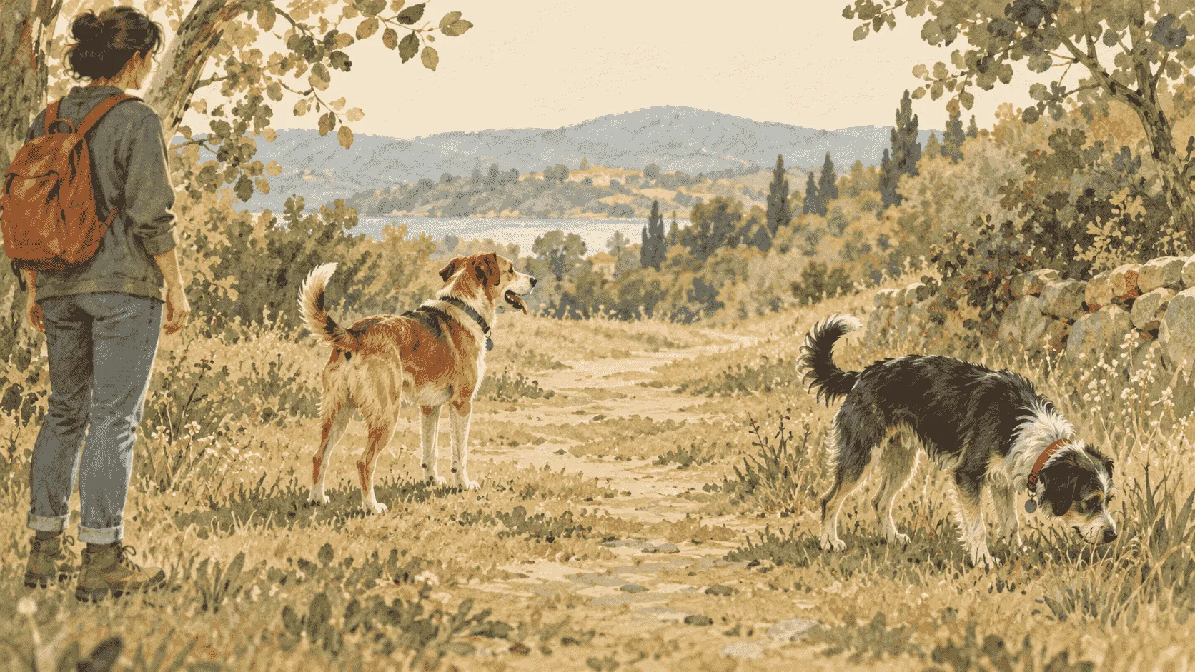 Two dogs pause several feet apart on a grassy path while one turns toward an open route and a caregiver gives them room.