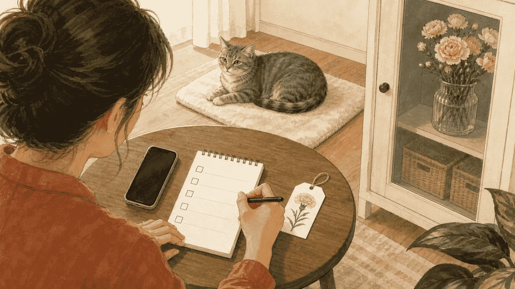 A caregiver writes exposure details beside a carnation label and phone while a gray tabby cat rests safely across the room.