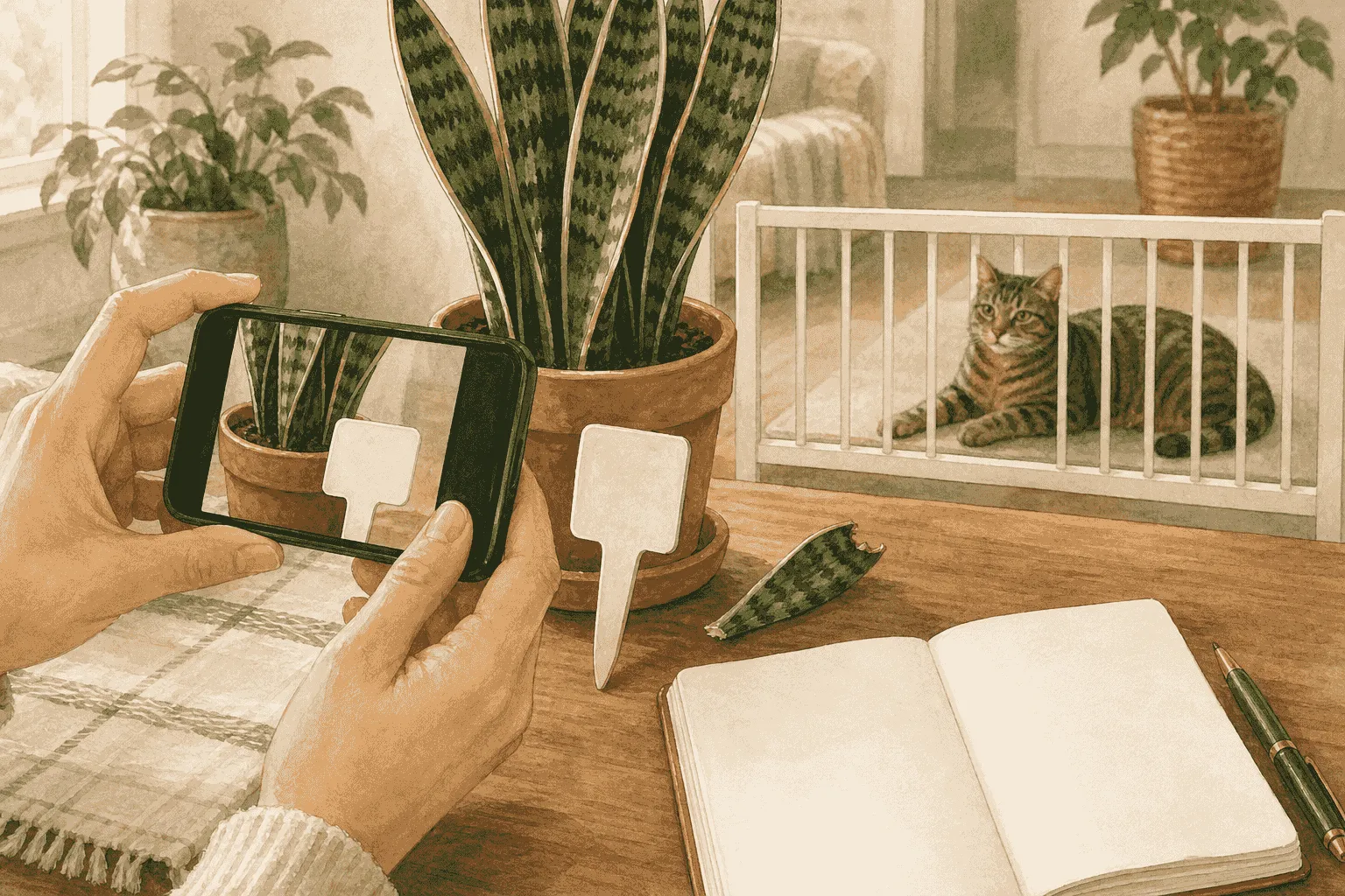 A caregiver photographs a snake plant label and notes a chewed leaf while a tabby cat rests safely across the room.
