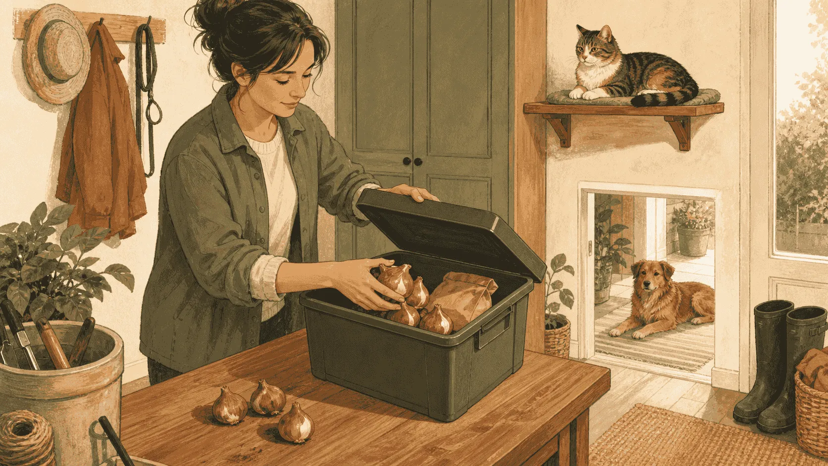 A cat watching from a shelf as a person places tulip bulbs into a closed storage box away from a dog.