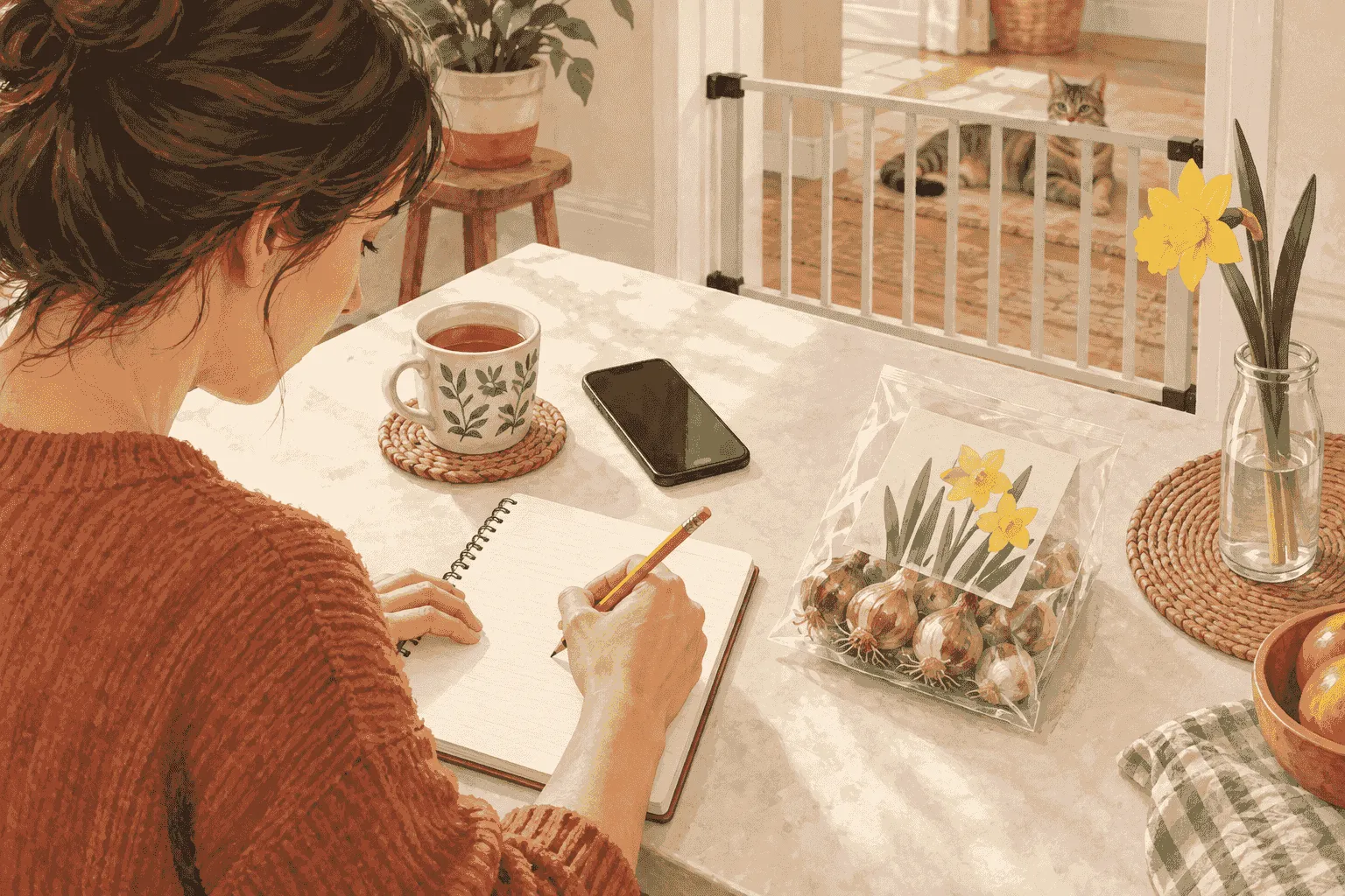 A caregiver writes the possible plant part and time beside a labeled daffodil bulb packet while a tabby cat waits safely behind a low indoor gate.