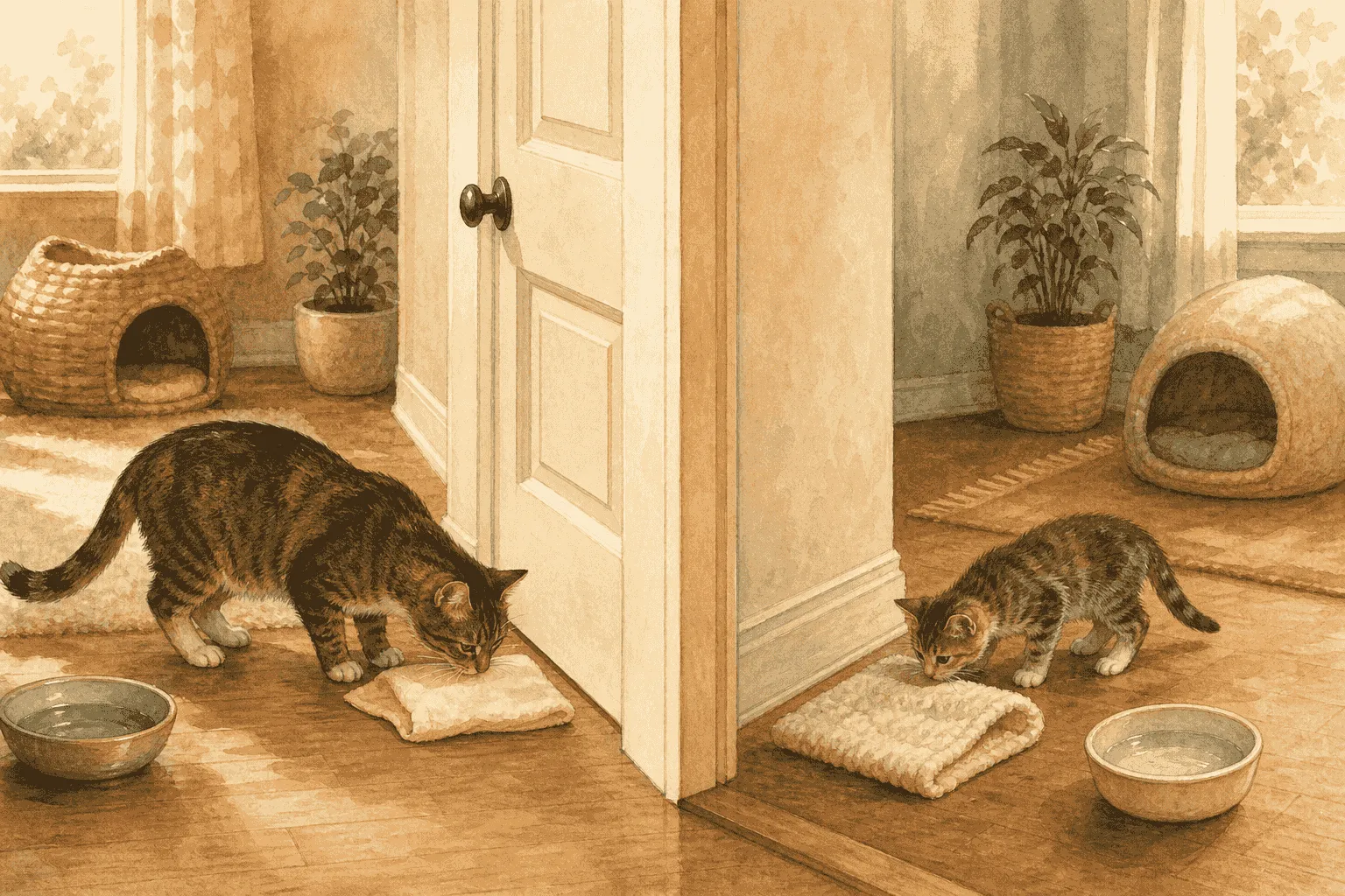 Adult tabby cat and tabby kitten sniff separate cloths on opposite sides of a dividing wall.