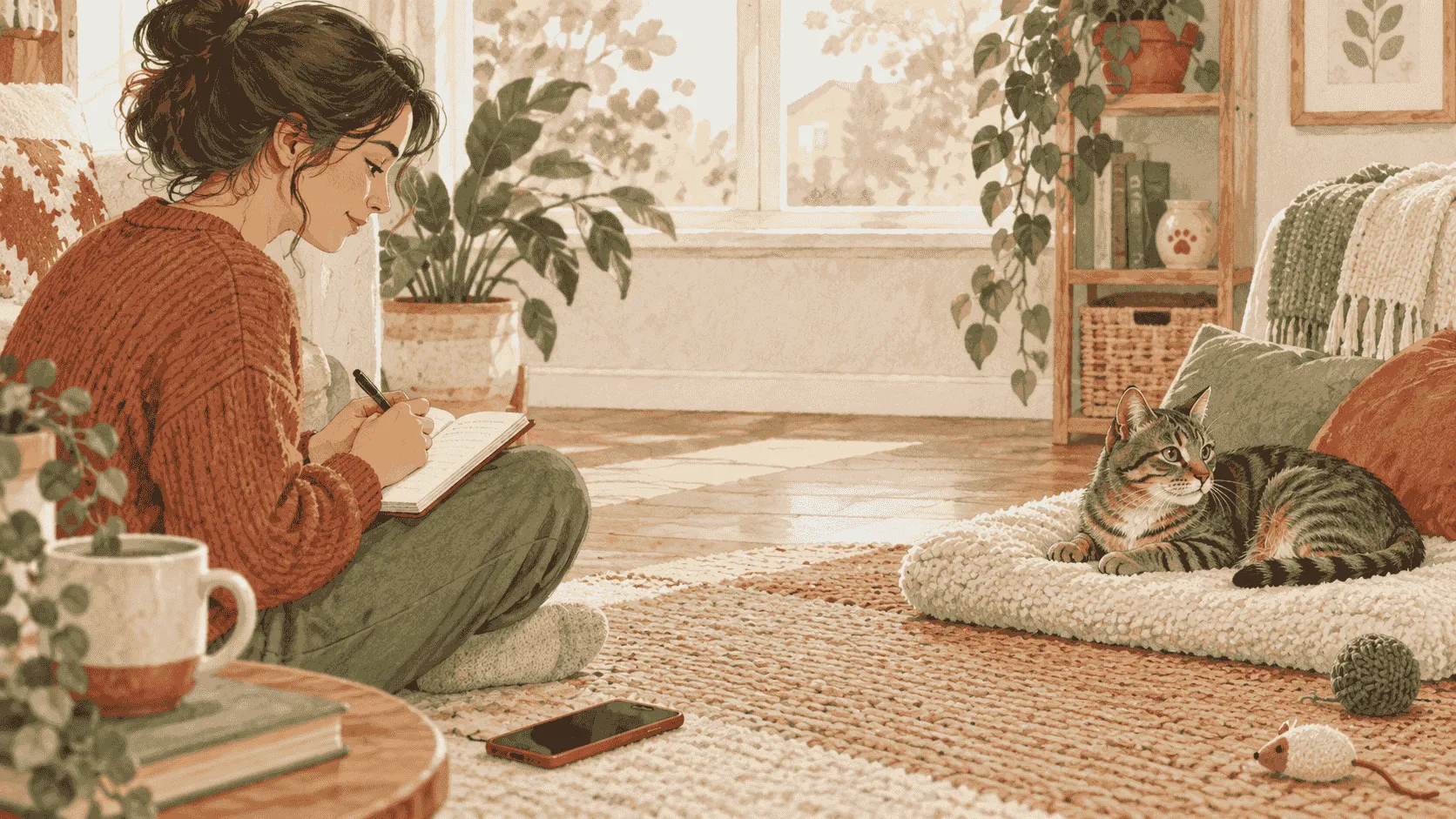 A caregiver writes the time of a cough-like episode while a tabby cat rests with an open route across the room.