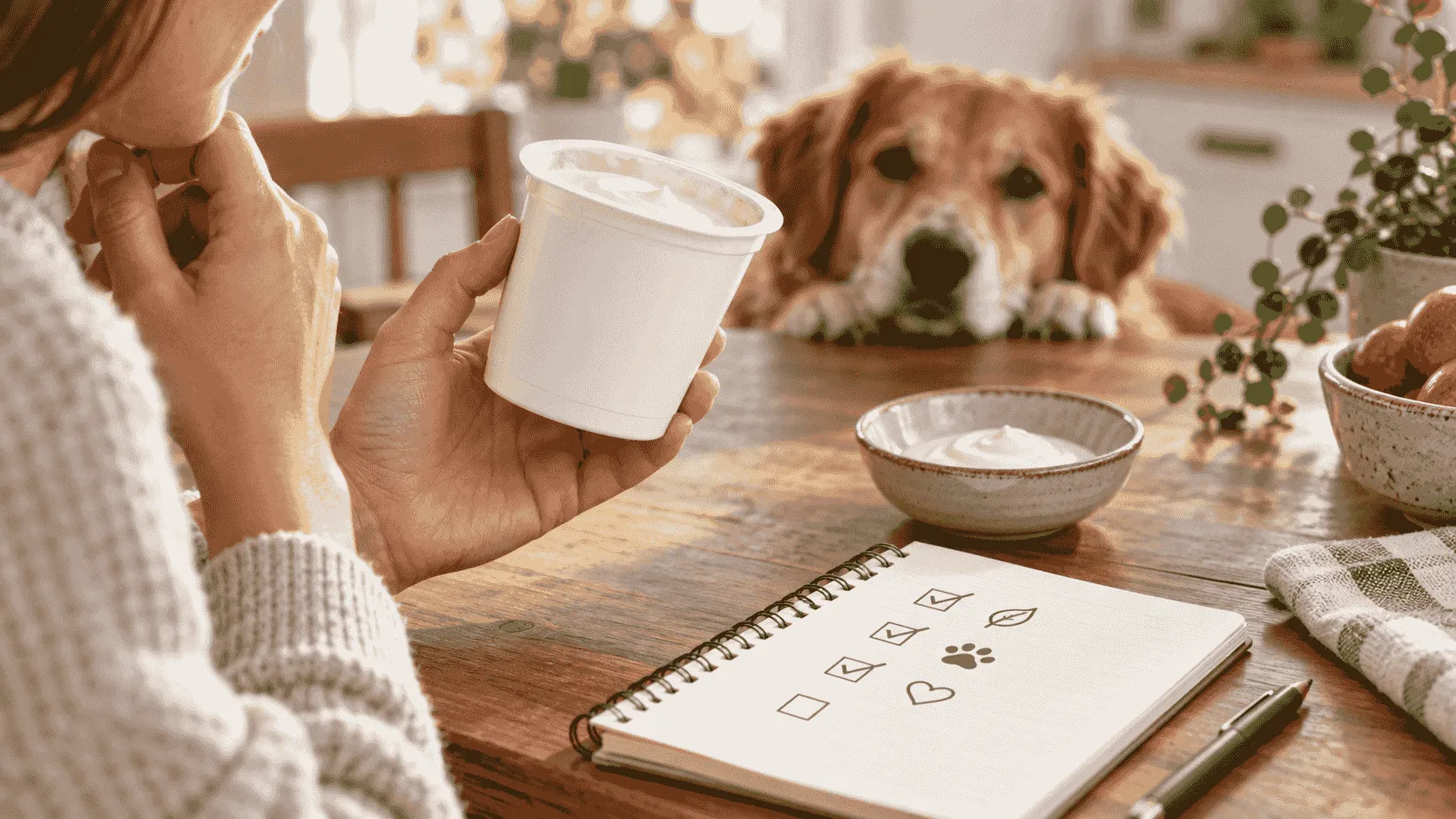 A caregiver compares a plain yogurt ingredient label with a dog's treat notes while the dog waits calmly beside a bowl.