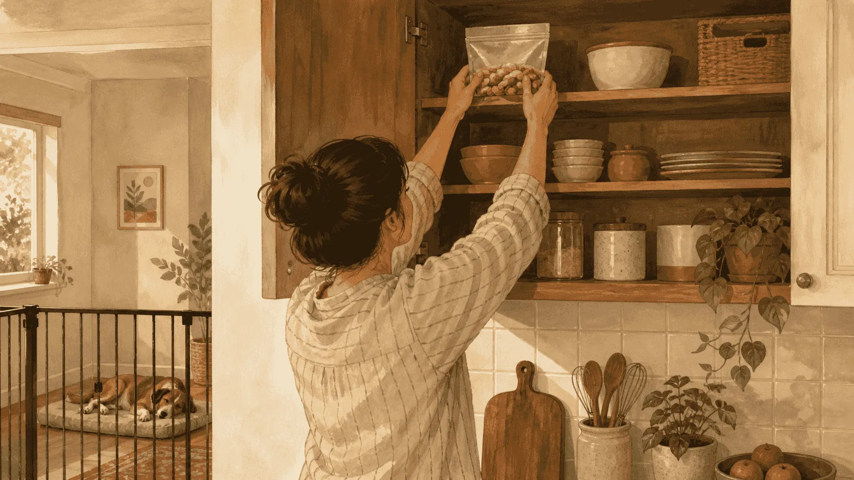 A caregiver reads an unbranded nut-butter ingredient label while a dog rests behind a kitchen gate.