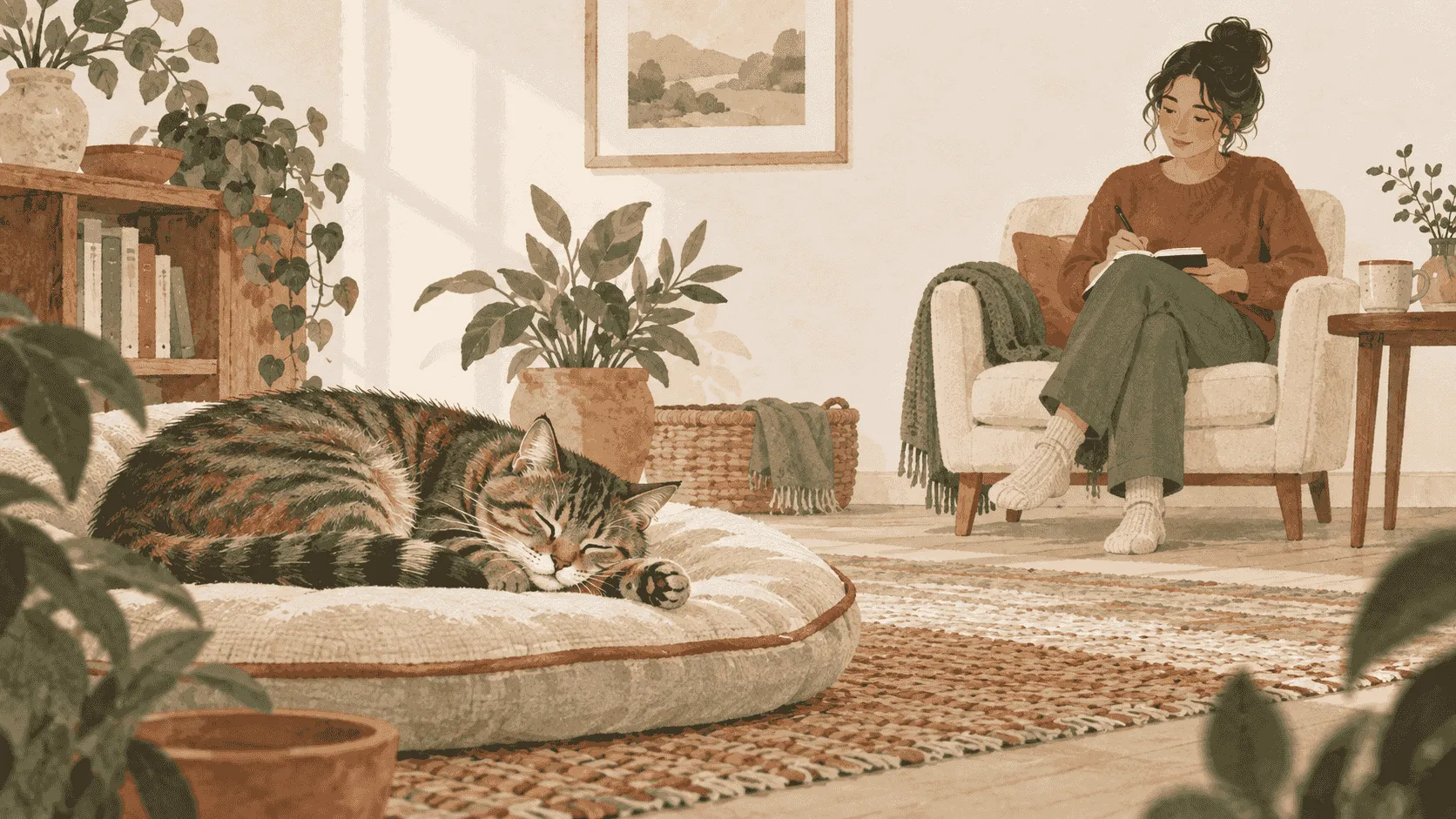 A tabby cat sleeps on a folded blanket while a caregiver writes a quiet observation note from across the room.