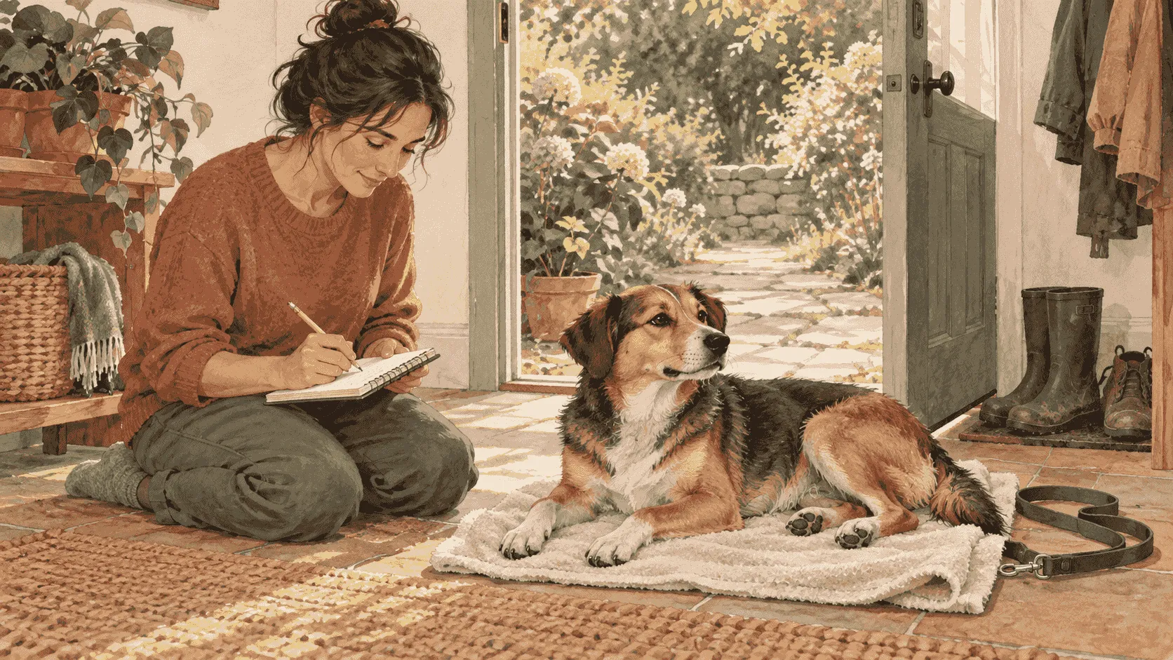 A caregiver writes a short walk note while a mixed-breed dog rests on a towel near an open doorway, with the sore-looking paw left undisturbed.
