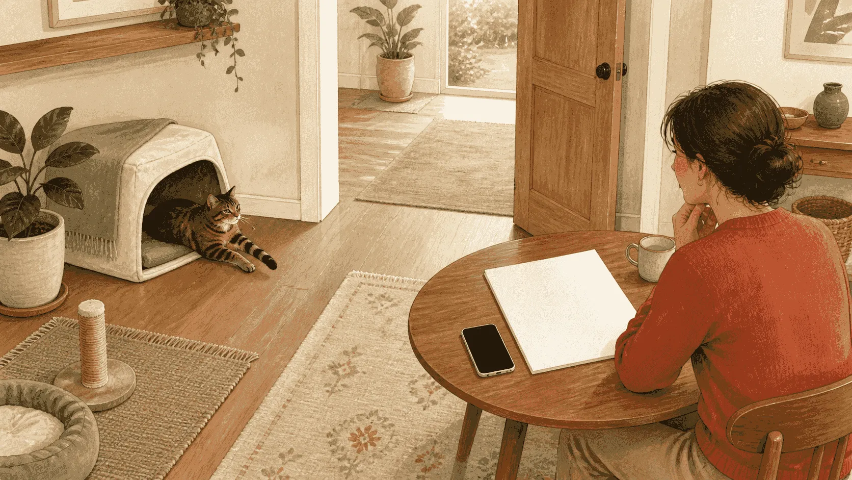 A caregiver checks a short absence timeline while a tabby cat rests beside an open, accessible retreat.