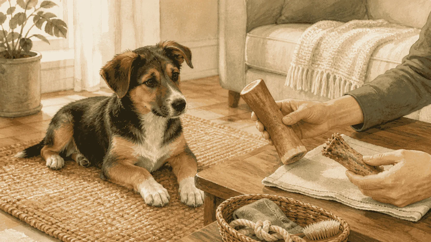 A young dog waits on a mat as a caregiver compares an intact chew outlet with a worn one on a table.