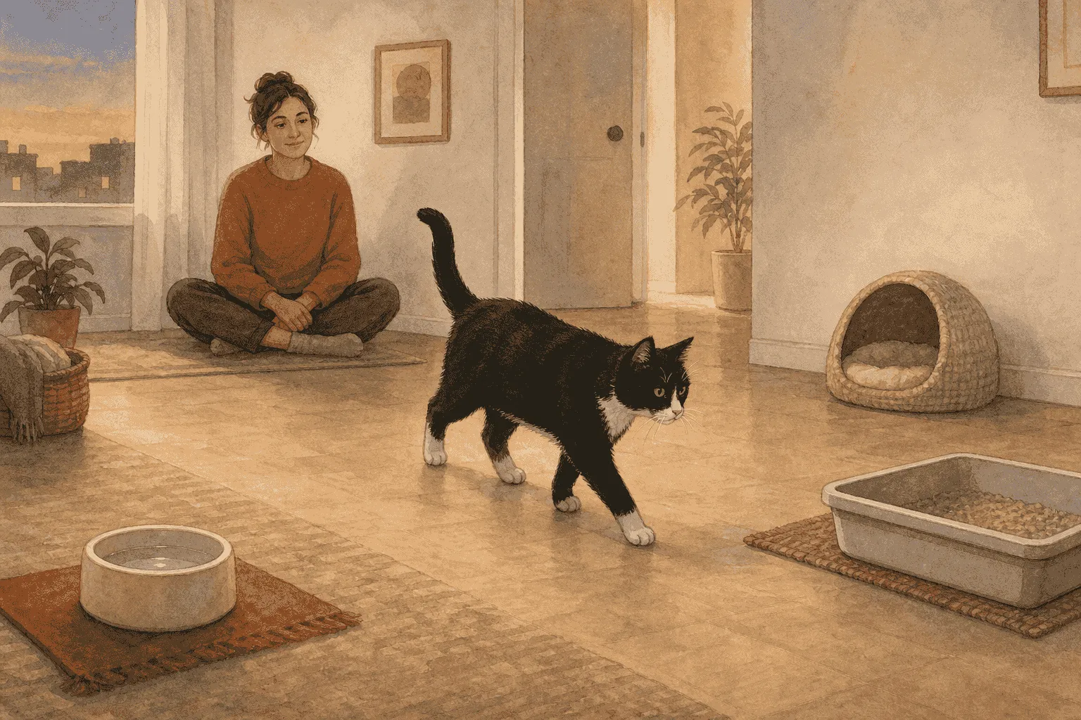A caregiver sits on the floor observing a tuxedo cat walking along an open route between a water bowl, litter tray, and covered bed at dusk.