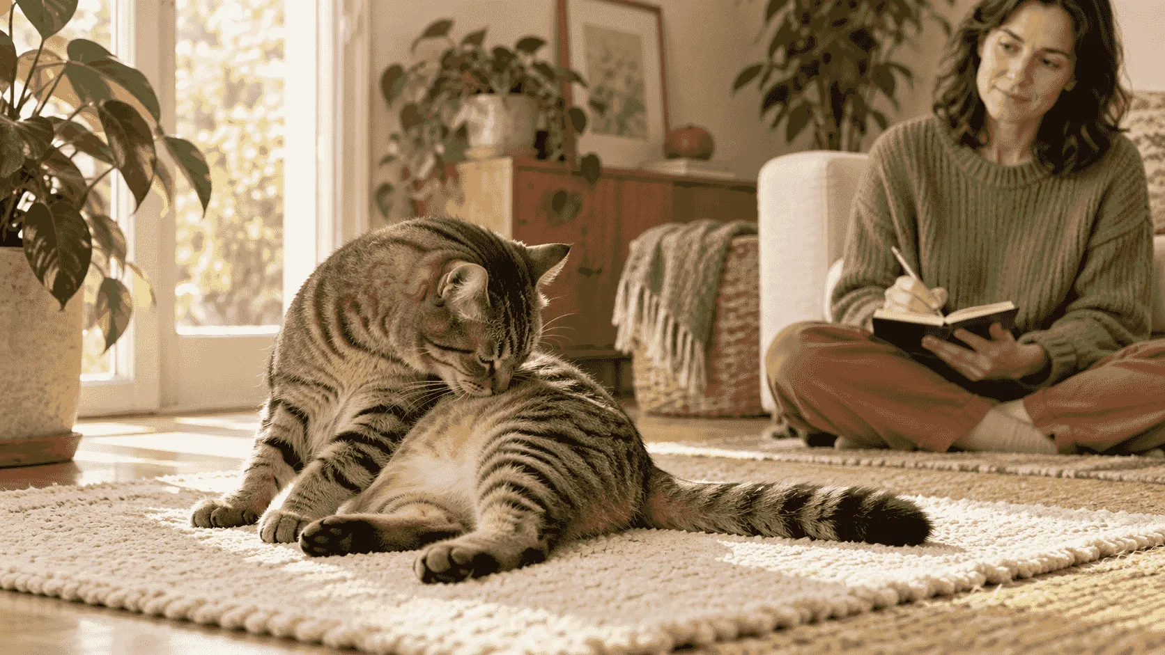 A tabby cat grooms its hind leg on a cream mat while a caregiver records the time and body area from a distance.