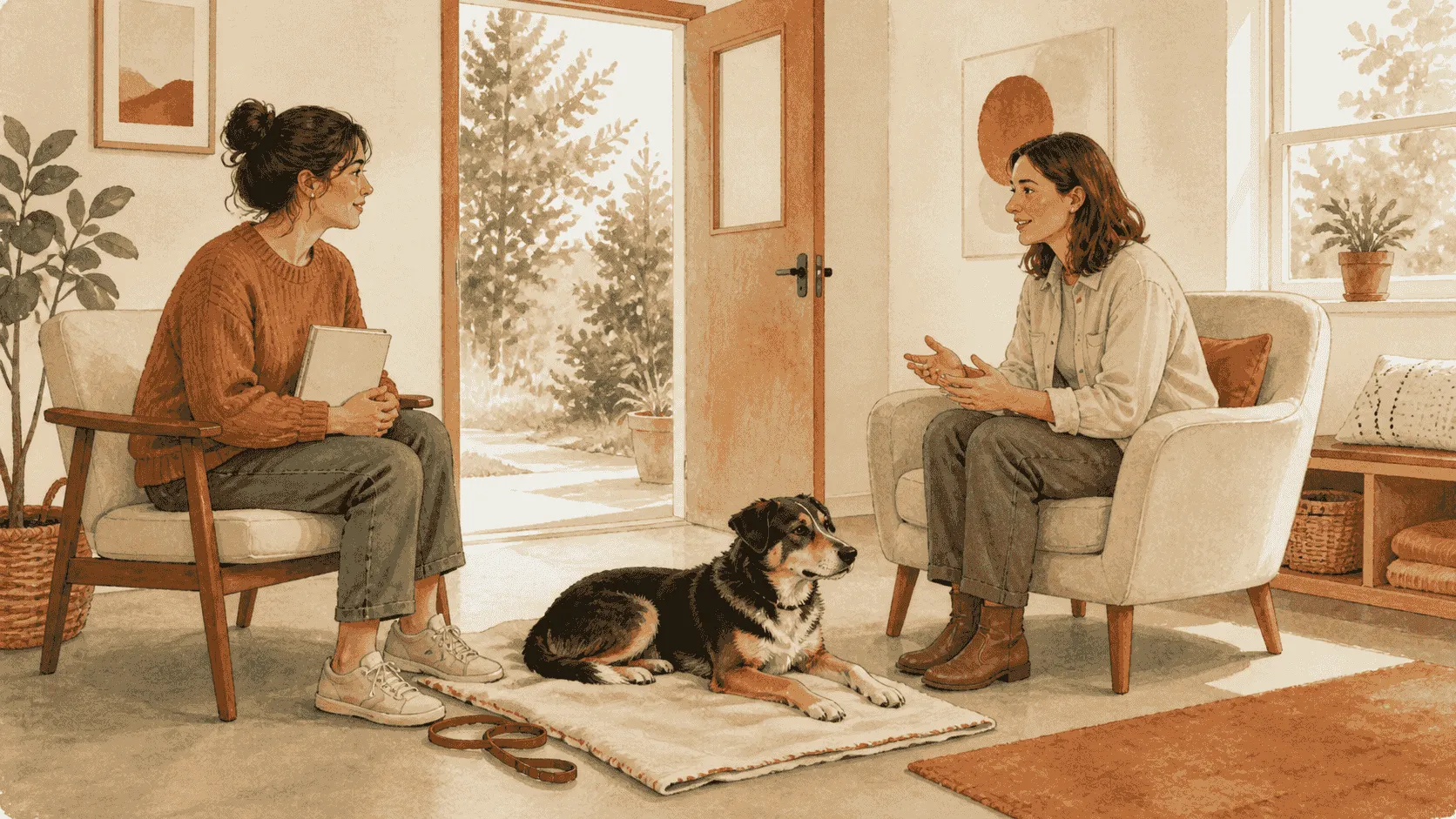 A caregiver speaks with a shelter counselor beside a calm dog, a leash, a brush, and a weekly care notebook.