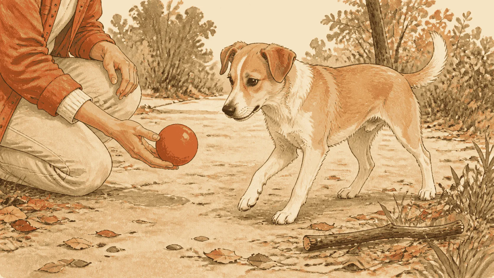 A caregiver kneels on a leafy park path and offers a large orange fetch toy while a young mixed-breed dog leaves a fallen branch untouched nearby.