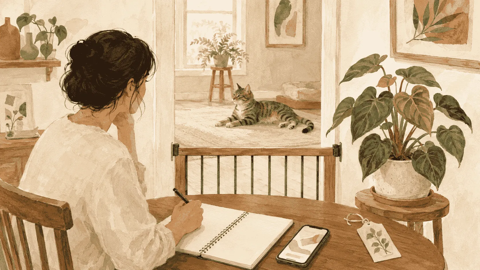 A caregiver photographs a philodendron label beside a short exposure note while a tabby cat waits safely behind an open indoor gate.