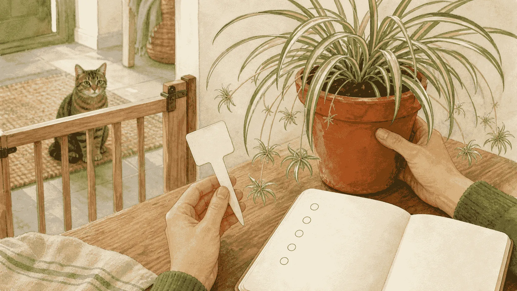 A caregiver holds a blank nursery tag beside a potted spider plant while a tabby cat waits behind a low indoor gate.