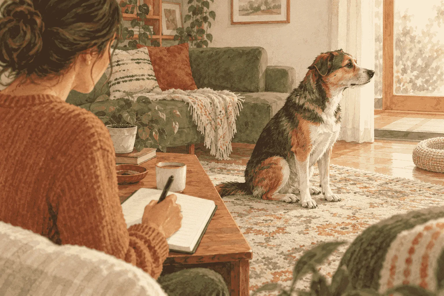 A calm mixed-breed dog sits while a caregiver notes the timing of a head shake and the ear signs that followed.
