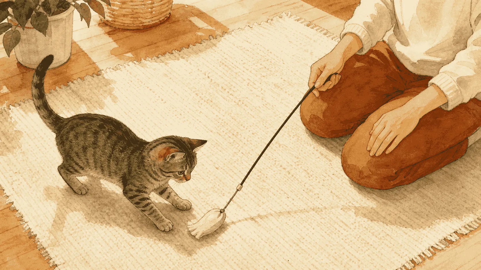A seated caregiver holds a cream fabric wand toy at a safe distance while a young tabby focuses on it across a woven rug.
