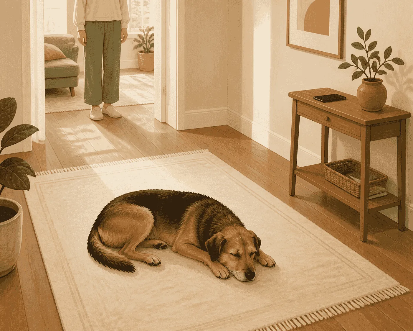 A caregiver sits at a safe distance from a resting mixed-breed dog in a clear living room while noting the time on a phone.