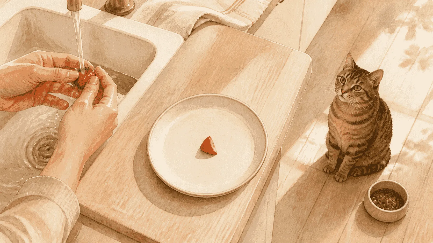 A caregiver holds a small washed strawberry piece above a clean plate while a tabby cat watches beside its regular food bowl.