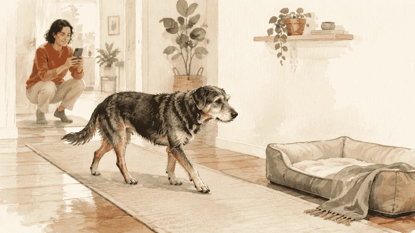 A caregiver records a calm senior dog walking its usual route while a grippy mat leads to an accessible bed.