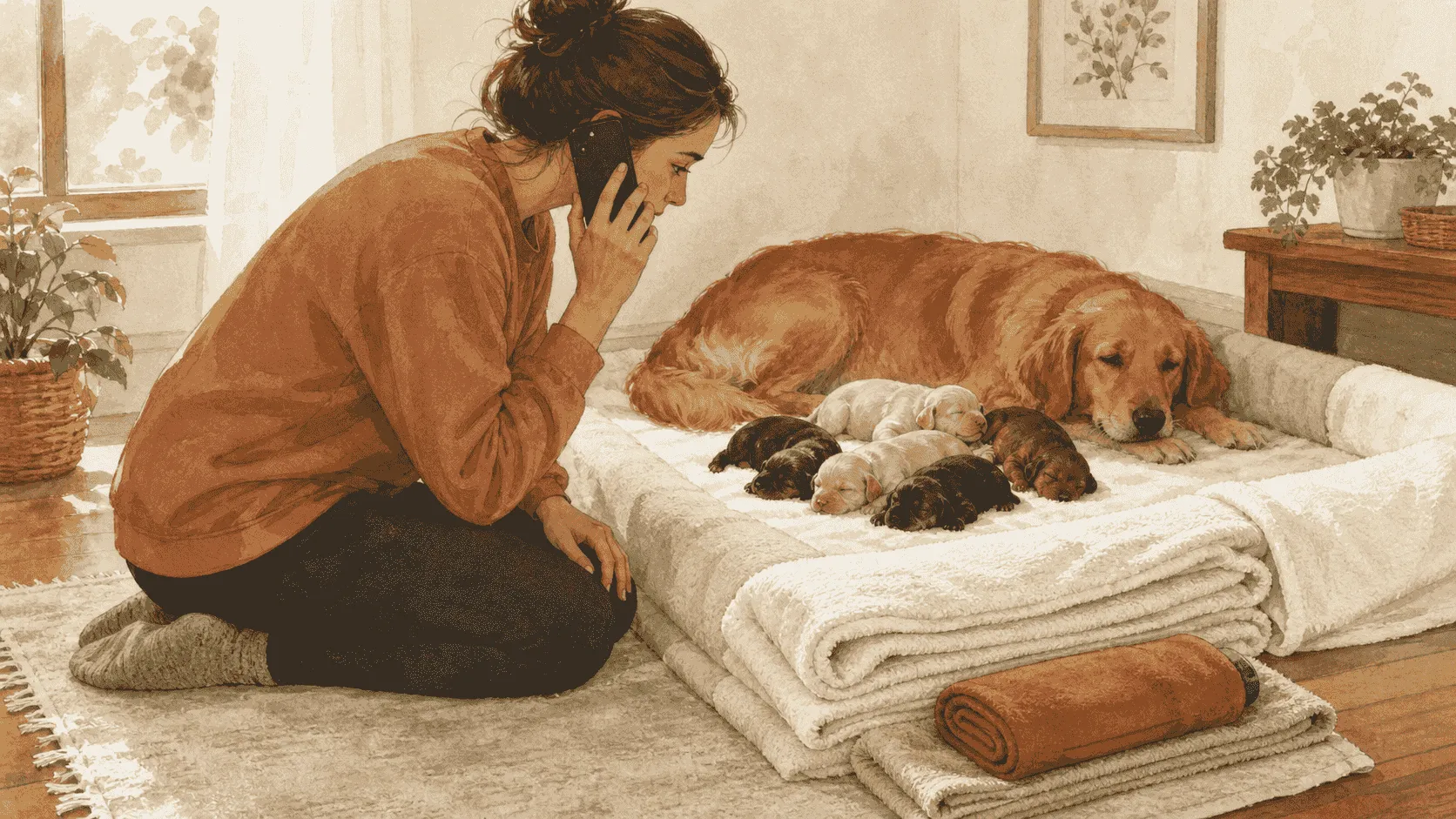 A caregiver speaking with a veterinarian by phone beside a dry newborn-puppy nest, with an indirect warm source kept safely outside the bedding.