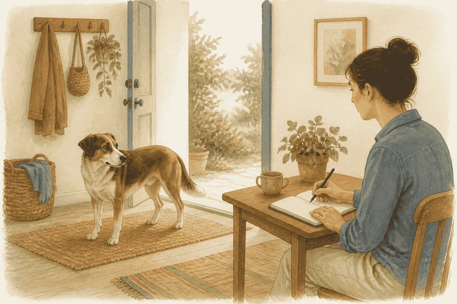 A caregiver writes an observation note while a brown-and-white dog stands calmly beside an open doorway.