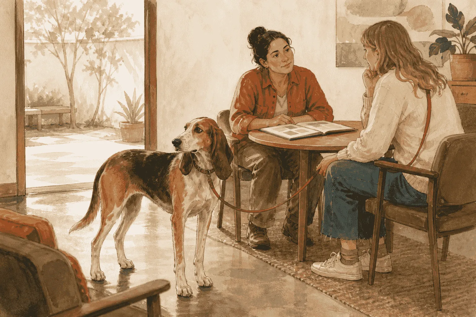 A caregiver talks with a shelter counselor beside a calm long-eared dog, with a leash and a simple home routine chart nearby.