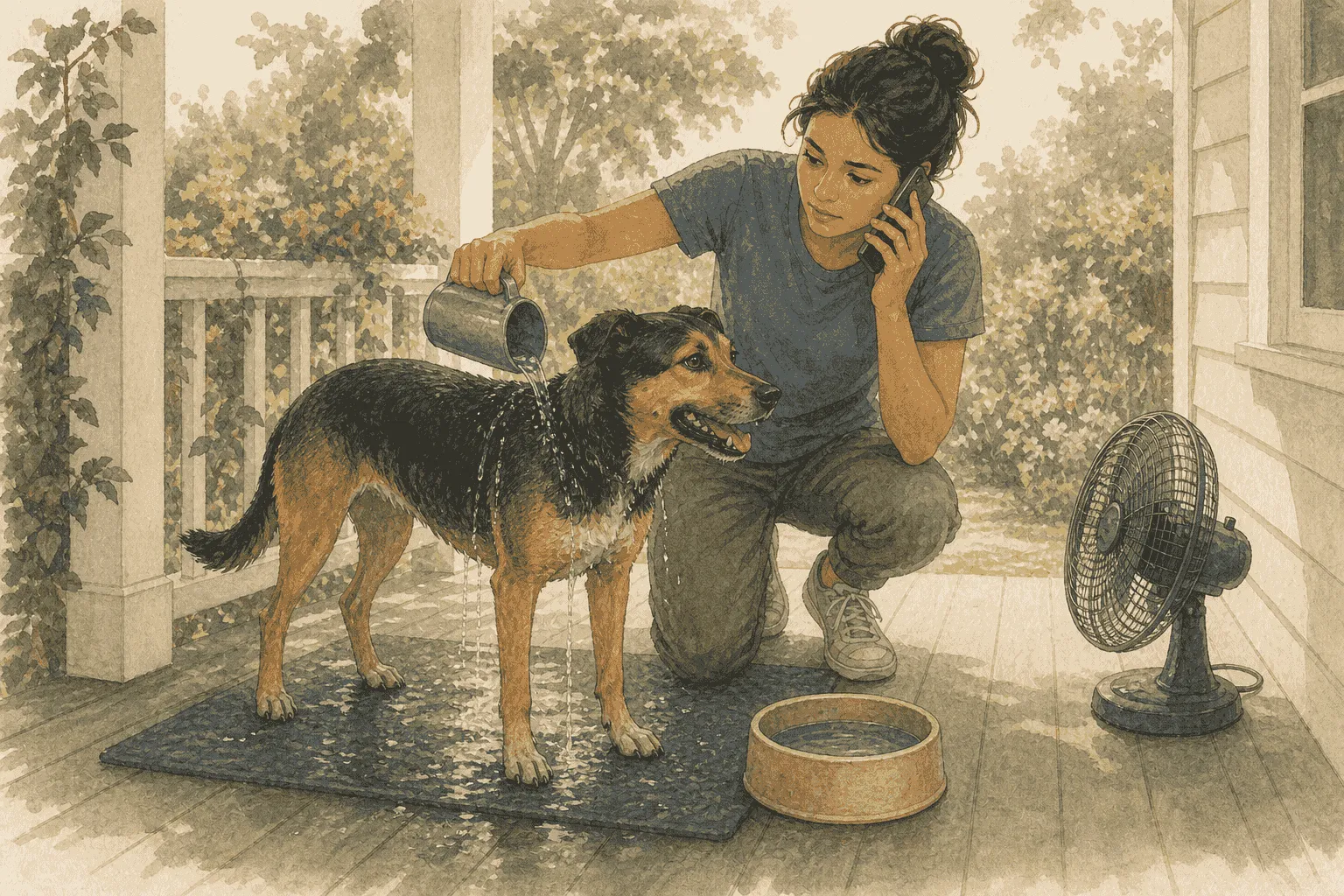 Owner pours cool water over a standing dog in the shade while calling a veterinarian beside a fan.